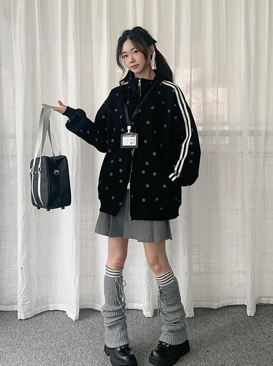 Kawaii Badge Decorated Lining Daily Jacket Black Print Fleece Star