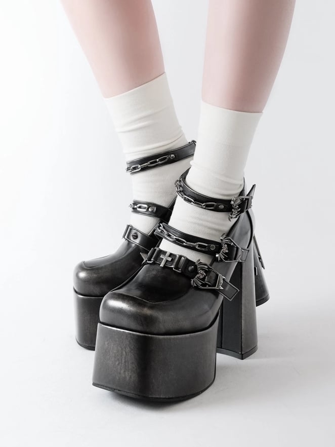 Details Black Square Burnished Block Toe - Chain Punk High Heels Platform