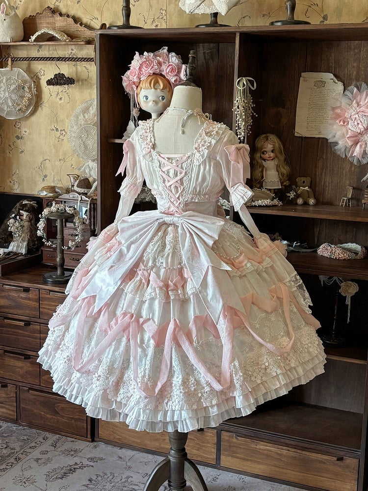 Rose Hanayome Lolita Hime Gown with Detachable Sleeves, Flower Bows and Pearl Chains - sedef