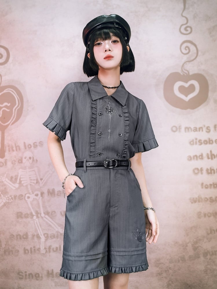 Gray Apple Embroidered Shorts with Ruffle Trim - Quirky Hut