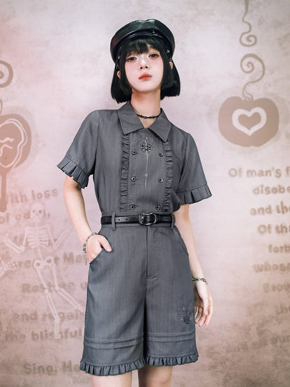 Gray Apple Embroidered Shorts with Ruffle Trim - Quirky Hut