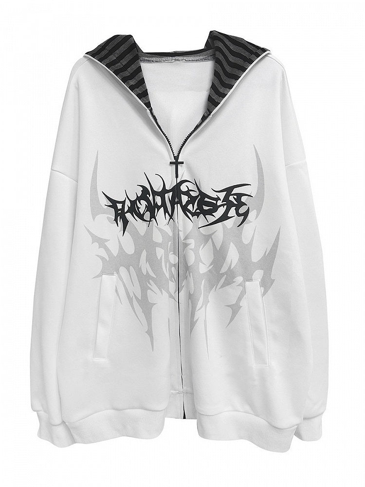 Dark Y2K Hooded White Zip Jacket with Gothic Tattoo Print - Alita26SS
