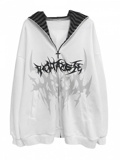 Dark Y2K Hooded White Zip Jacket with Gothic Tattoo Print - Alita26SS