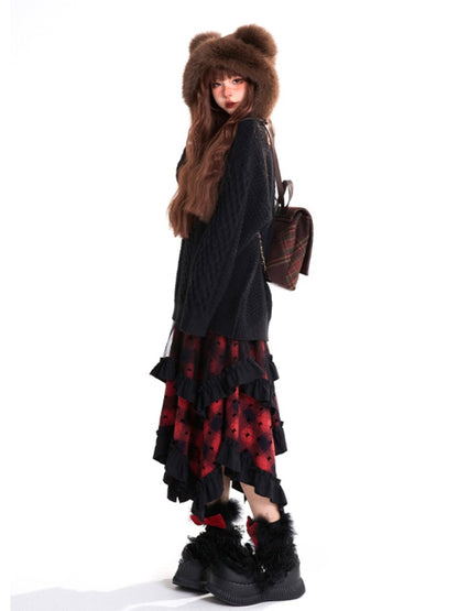 Y2K Red Plaid Pattern Asymmetrical Ruffled Hem Skirt