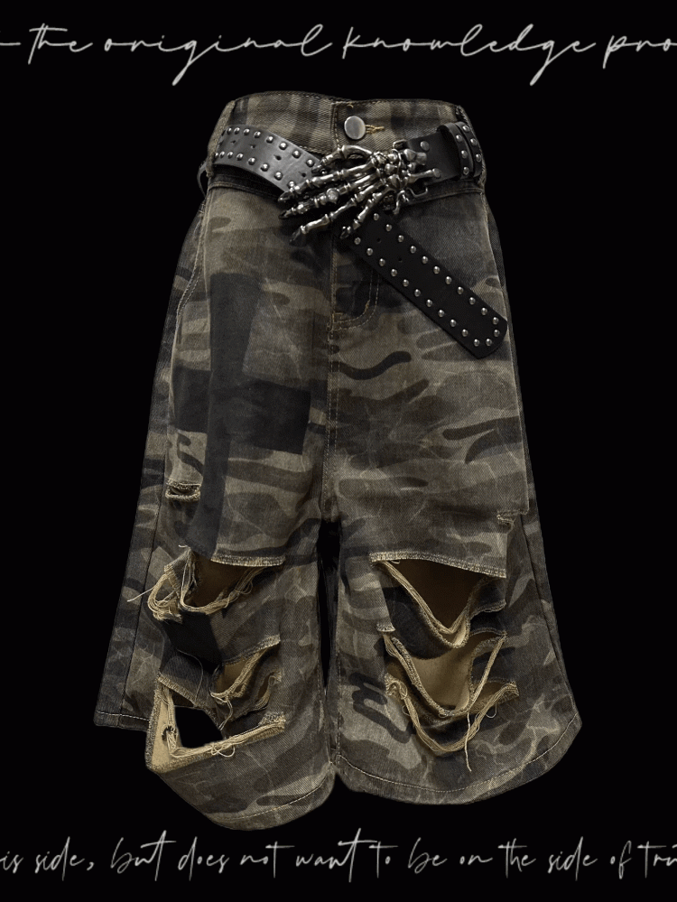 Punk Camouflage Distressed Holes Wasteland Wide-Leg Shorts