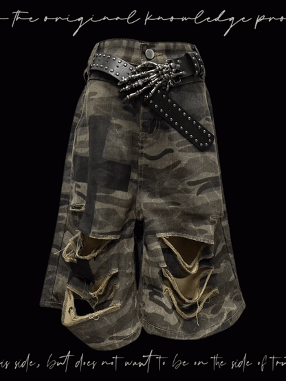 Punk Camouflage Distressed Holes Wasteland Wide-Leg Shorts
