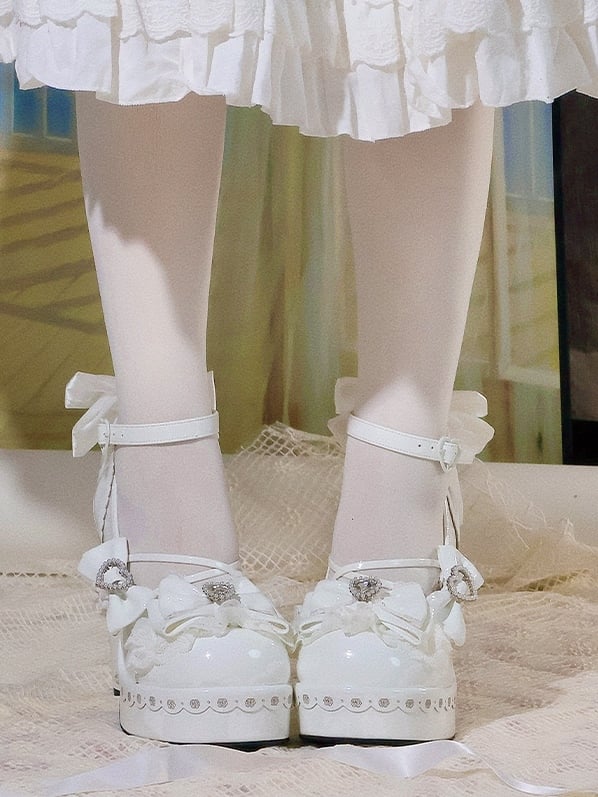 with Decor Side Janes Beaded Decorative Detachable Heart White Heel Mary Bow Chunky Snap