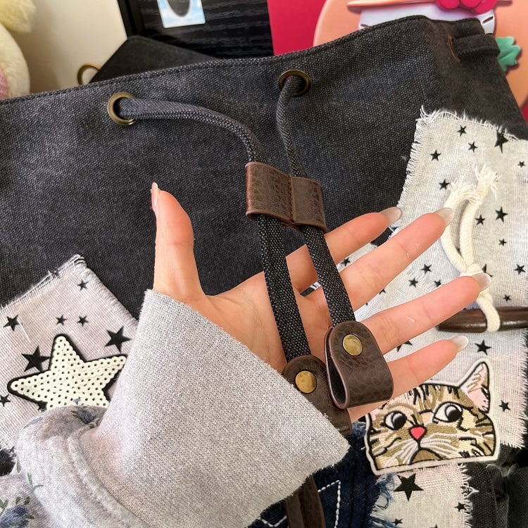 Patches Drawstring Star white and Washed Distressed Backpack Black with Canvas