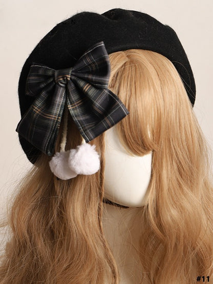 14 Color Options Plaid Bow Beret with Pom-Pom Accents