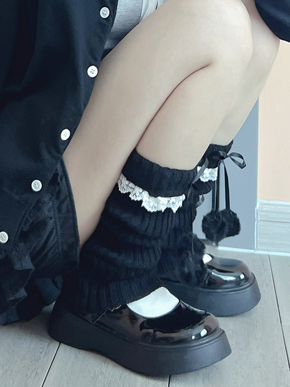 Khaki Sweet Bowknot Lace Details Knitted Leg Warmers With Pompons