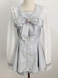 Light Mini Fresh Set: Kei Bow Blue Mesh-Sleeve Shorts Jirai and with Sailor Dress Detachable