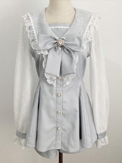 Light Mini Fresh Set: Kei Bow Blue Mesh-Sleeve Shorts Jirai and with Sailor Dress Detachable