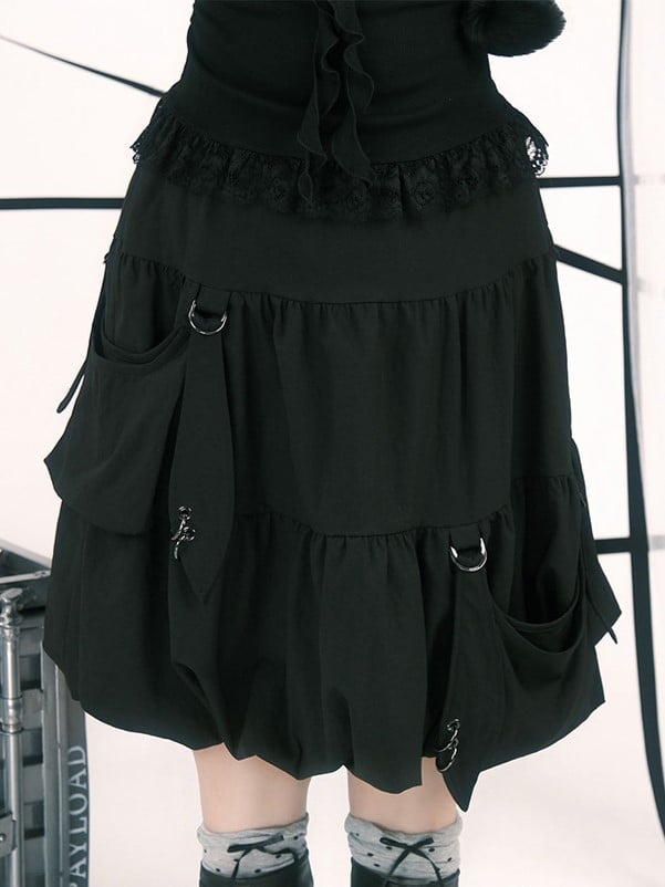 Skirt Hooked Black Plus Elastic Bubble with Knee-Length Waist Size Pockets