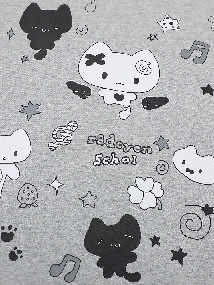 Grey Crew Neck Short Sleeve T-shirt with Kitten & Polka Dot - Languid Park