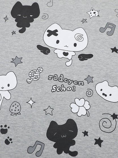 Grey Crew Neck Short Sleeve T-shirt with Kitten & Polka Dot - Languid Park