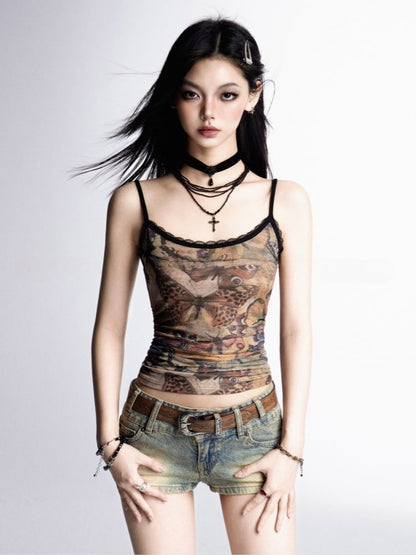 Mesh Cami Top Bittersweet Wasteland Punk Braun Schmetterlingsdruck