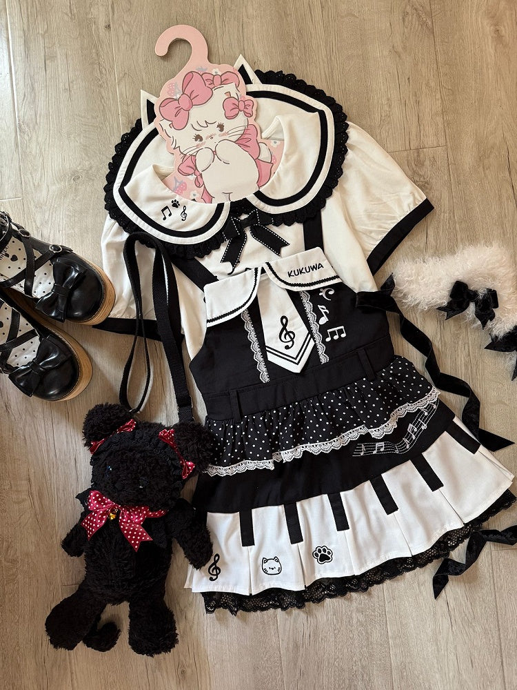 and / T-shirt Kitten Collar White Dress Peter Key' - Black Pan Overall Pleats Adorable 'Piano Box with Print Soft