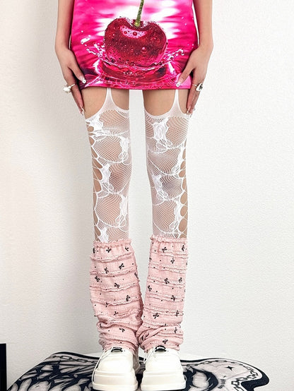 Grau/Weiß/Dunkel Cut-out Strümpfe Straps-Design Pink/Schwarz/Rot