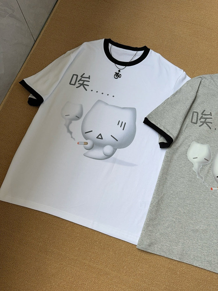 T-shirt Kitty with Cotton Sighing White Neck Print Crew