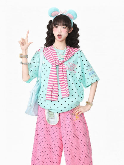 Green Star Print T-Shirt with Hairclip - Languid Park