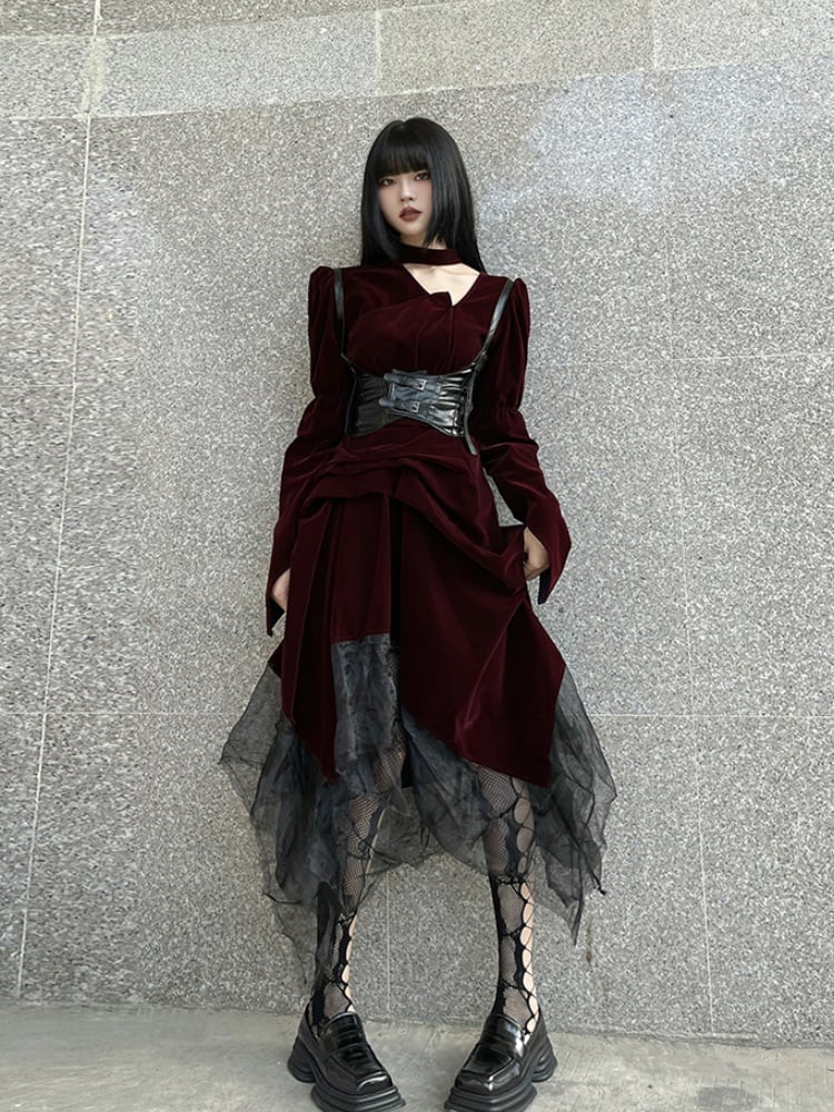Gothic Wine Red Velvet Handkerchief Hem Midi Length Dress