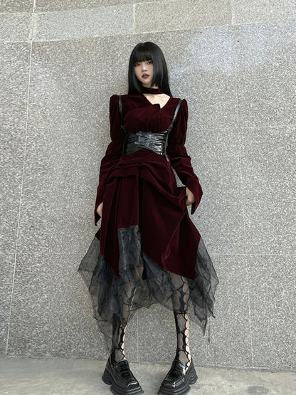 Gothic Wine Red Velvet Handkerchief Hem Midi Length Dress