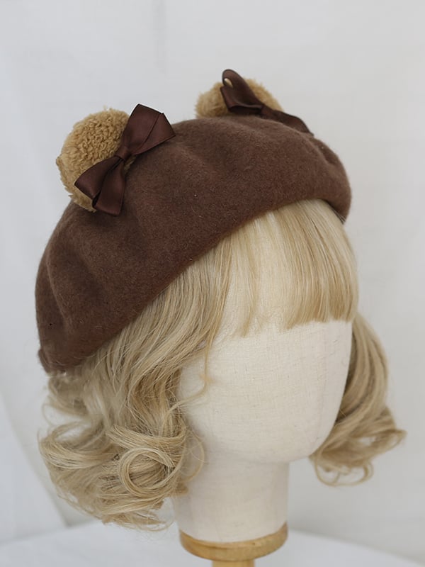 キャメル/ベージュコーヒー かわいいクマ耳ベレー帽 ウール