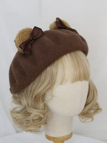 キャメル/ベージュコーヒー かわいいクマ耳ベレー帽 ウール
