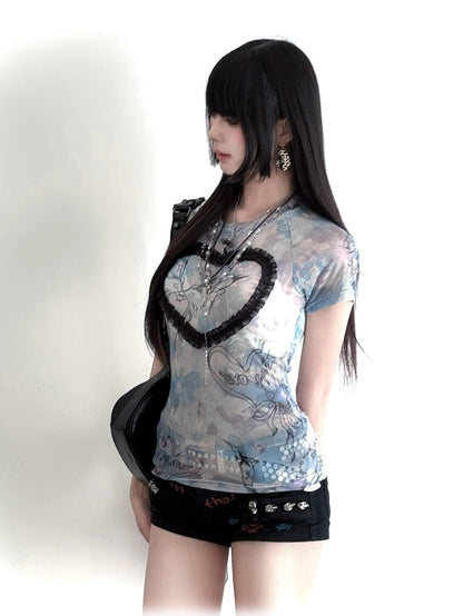 T-Shirt Blue Sweetheart Ruffle Graphic Mesh