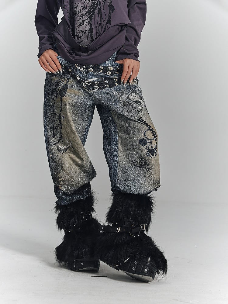 Wide-Leg Cuff Blue Belt Black + Charm Y2K Print Punk Cross Splatter with Jeans