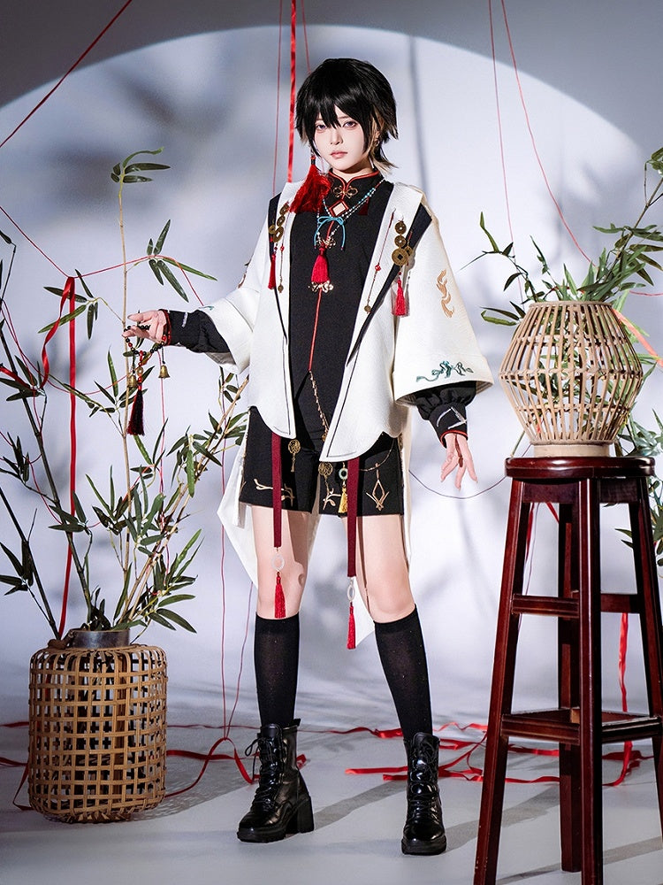 Top with Copper Hooded Ouji Charms Fashion and Chinoiserie Coin Jacquard Tassel White