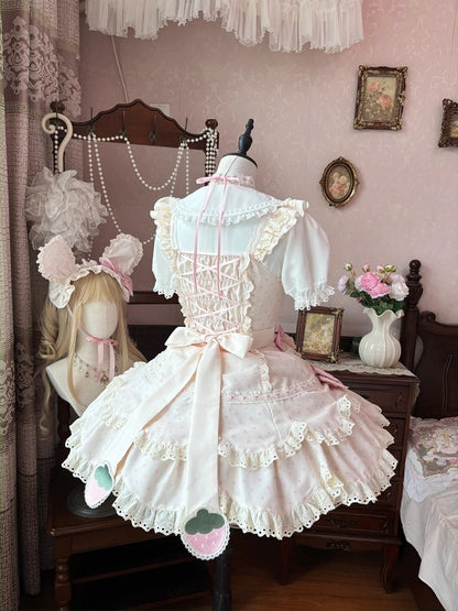 Strawberry Pink and Lace Dot Dress Gentle Lolita Details with Bow JSK Polka Themed Apricot