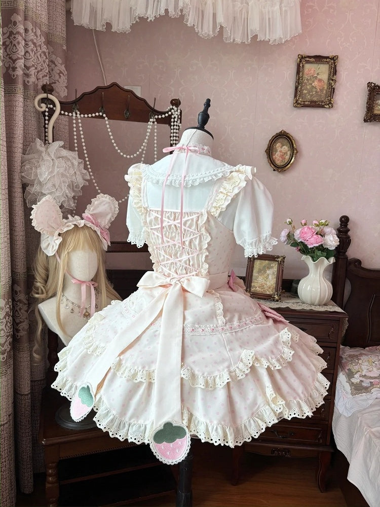 Set Full Dress with Themed Pink Bonnet JSK Strawberry and Lolita Details Lace Apricot Ear Bow Gentle Choker + Polka Dot Hairband Bunny