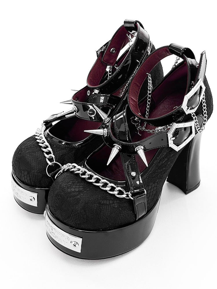 Gothic Black Round Toe 11.5CM High Heels with Spikes & Coffin Buckles - Transfer Student