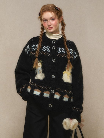 Snowman Charm Cardigan Knit Button-Front - Kawaii Yellow/Black/Pink Vintage Jacquard