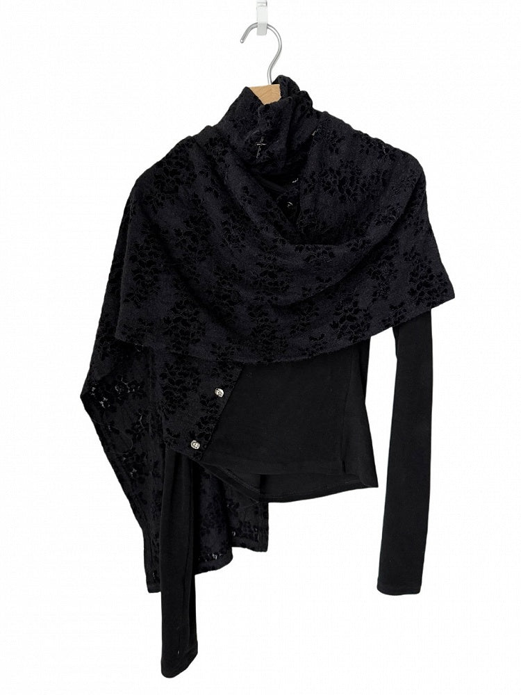 Asymmetrical Lace Button-Up Gothic Top Detachable Flocked Cape with