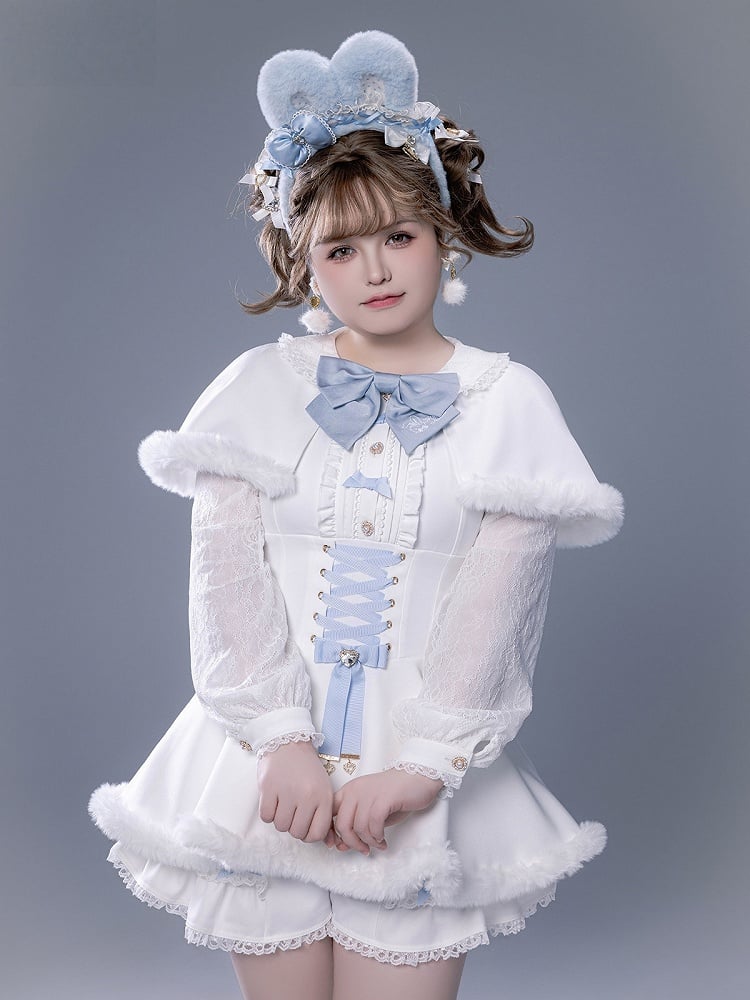 White Landmine Dress Blue Matching Shorts Plush Set Bunny Bow Ear Brooch Style Full Cape Lace +