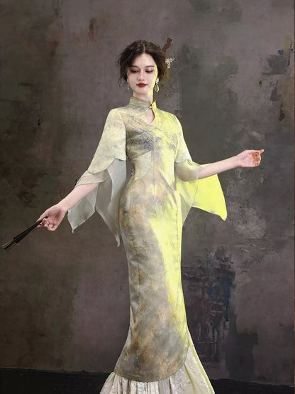Green Chinese-Style Qipao Dress with Bow Embroidery, Cutout Design & Ruffle Accents - sijinstudio