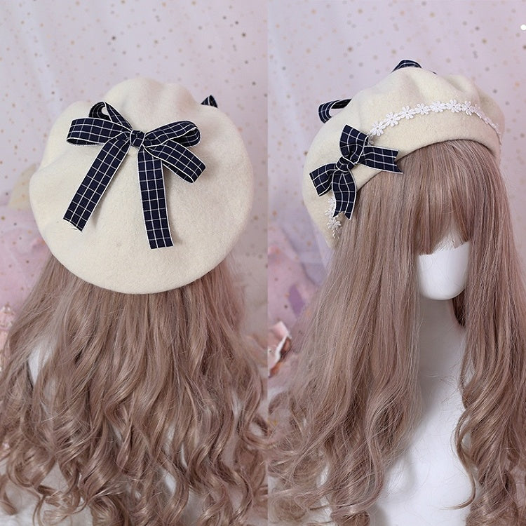 Lolita Off-White Cute Decorations Daisy Pink Beret / Dark With Bowknot Blue