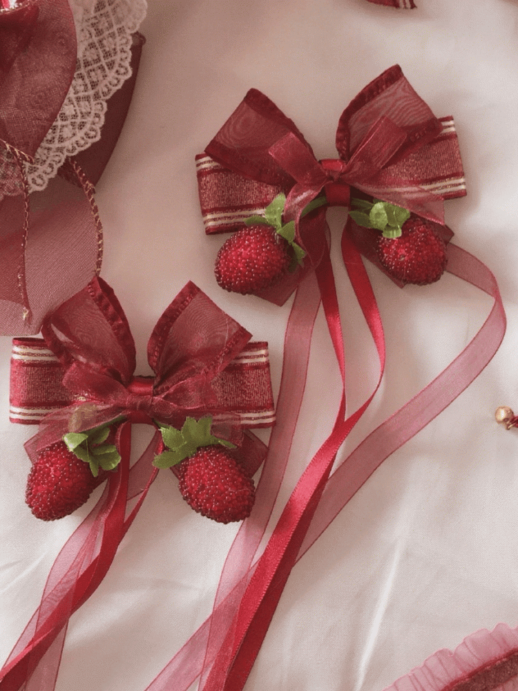 Strawberry Lolita Bow Decorations Red Hairclip Long Ribbon