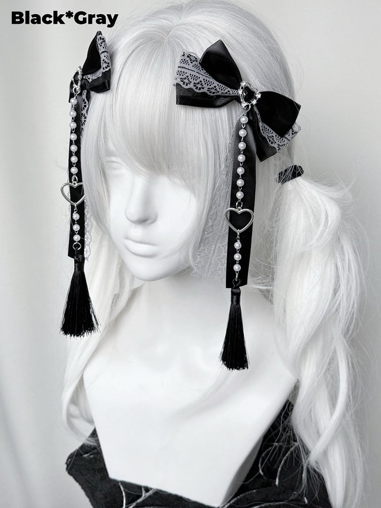 Akzente Haarspangen mit Perlenkette Jirai Kei Farben Spitze Schleife Strass 3