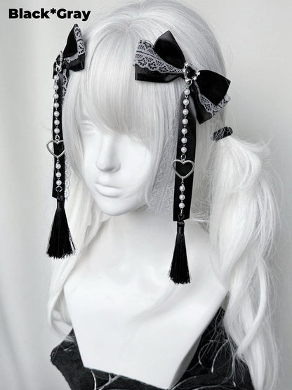 Akzente Haarspangen mit Perlenkette Jirai Kei Farben Spitze Schleife Strass 3