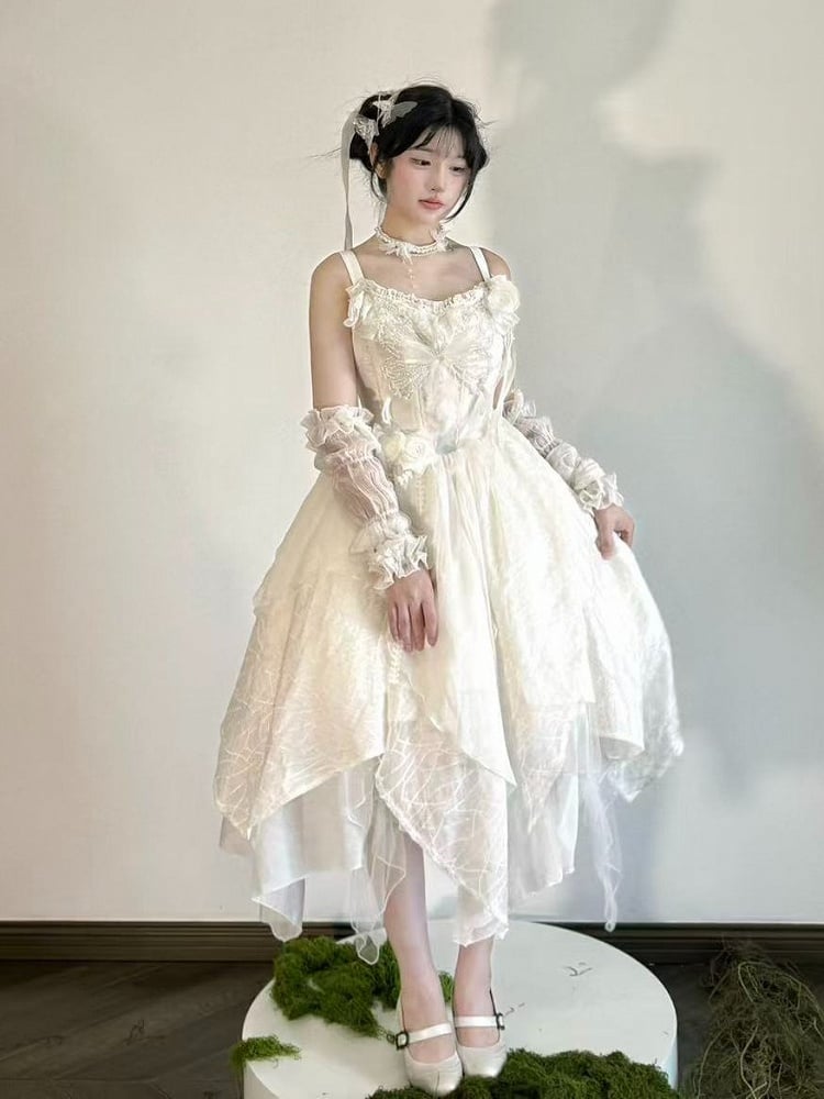Elegant Asymmetrical Hem Bow Motif Lolita JSK Dress in White - Sweet Wood Lolita
