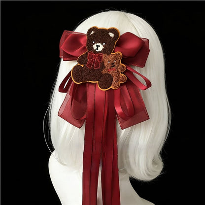 Bear Hairclip Accent Brown Bow Red