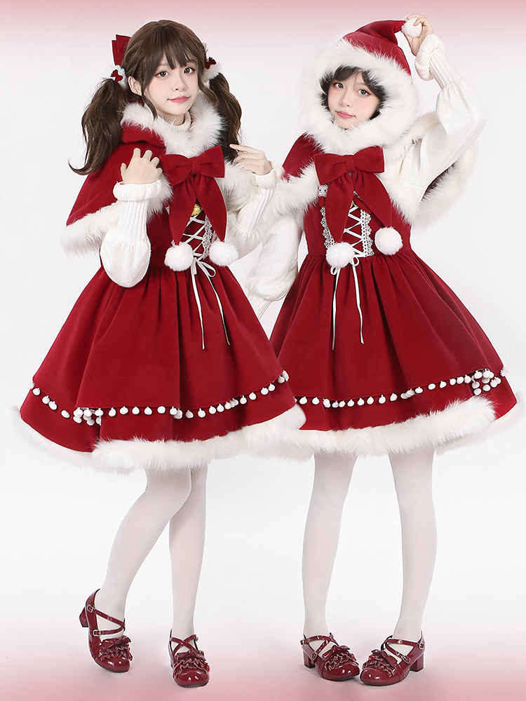 Detachable Plush Sweet Bow Cape Charm Lolita with Pompon Red Christmas Wine Trim