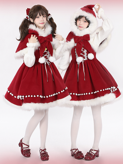 Detachable Plush Sweet Bow Cape Charm Lolita with Pompon Red Christmas Wine Trim