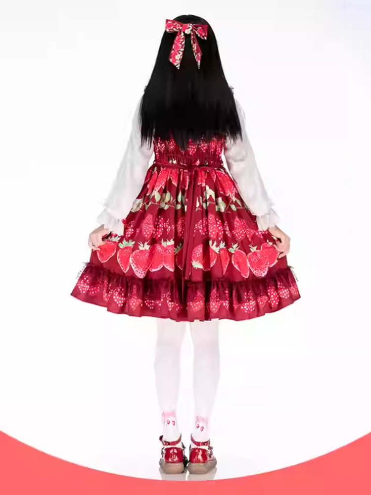 Rosa Lolita-Overknee-Strümpfe mit Erdbeer- und Schleifenmuster