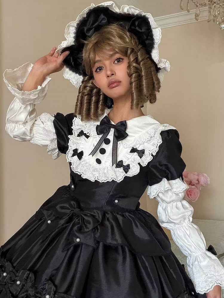 Details Dress with White Sweet Bead Trimmed Black Lolita Lace and Bow