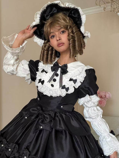 Details Dress with White Sweet Bead Trimmed Black Lolita Lace and Bow