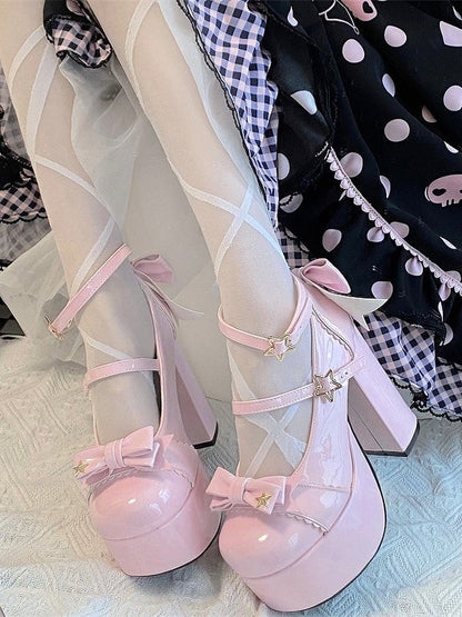 Star Bow Elegant Round-Toe Pink 12cm Snap Heels - Platform Height Lolita High with Details Heeled